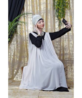 Pink Nazneen Embroidered Neck Band Double Layer Party Abaya 7