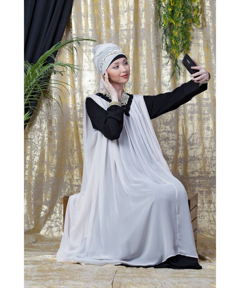 Pink Nazneen Embroidered Neck Band Double Layer Party Abaya