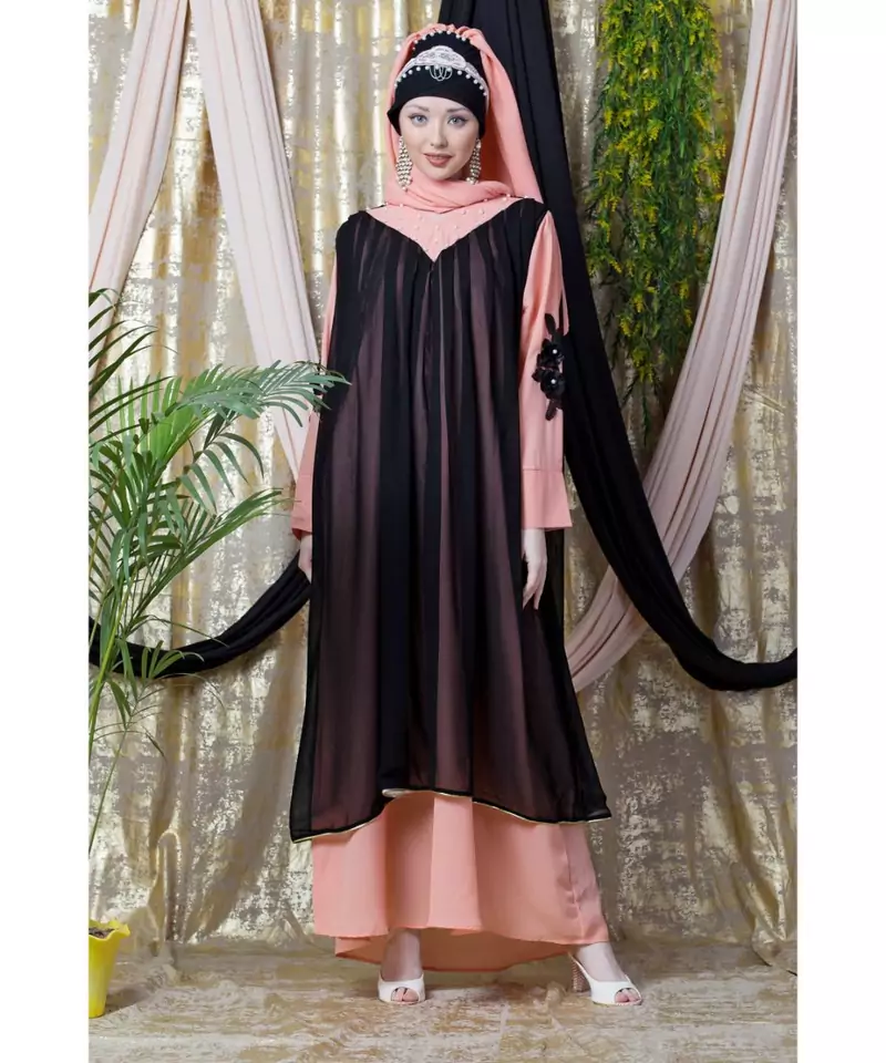 Peach Nazneen Embroidered Neck Band Double Layer Party Abaya