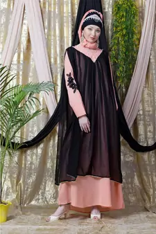 Peach Crepe Plain Layered Abaya Set