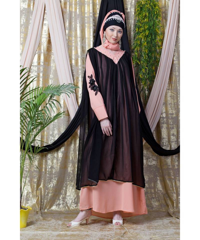 Peach Crepe Plain Layered Abaya Set
