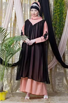 Peach Crepe Plain Layered Abaya Set