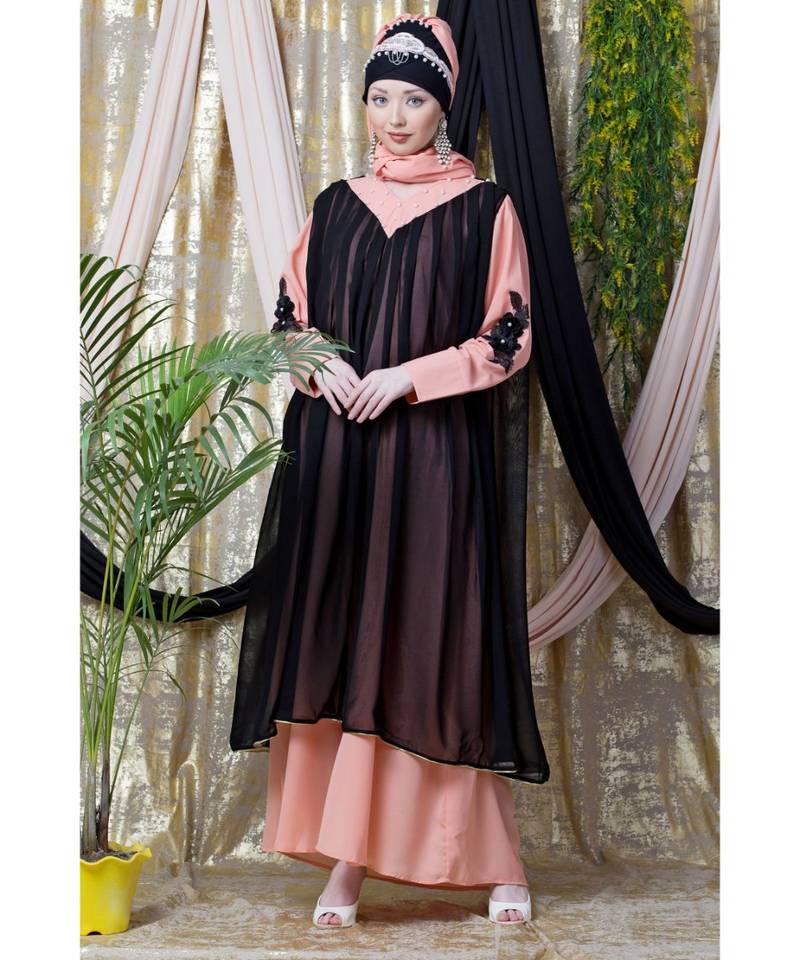 Peach Crepe Plain Layered Abaya Set