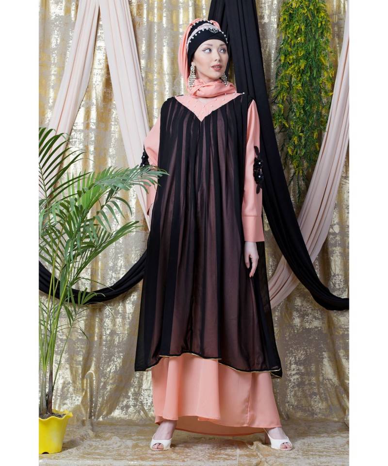 Peach Crepe Plain Layered Abaya Set
