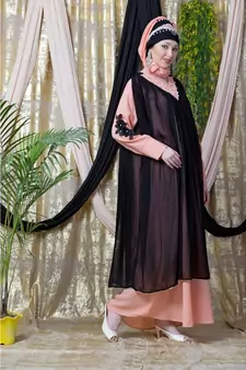 Peach Crepe Plain Layered Abaya Set