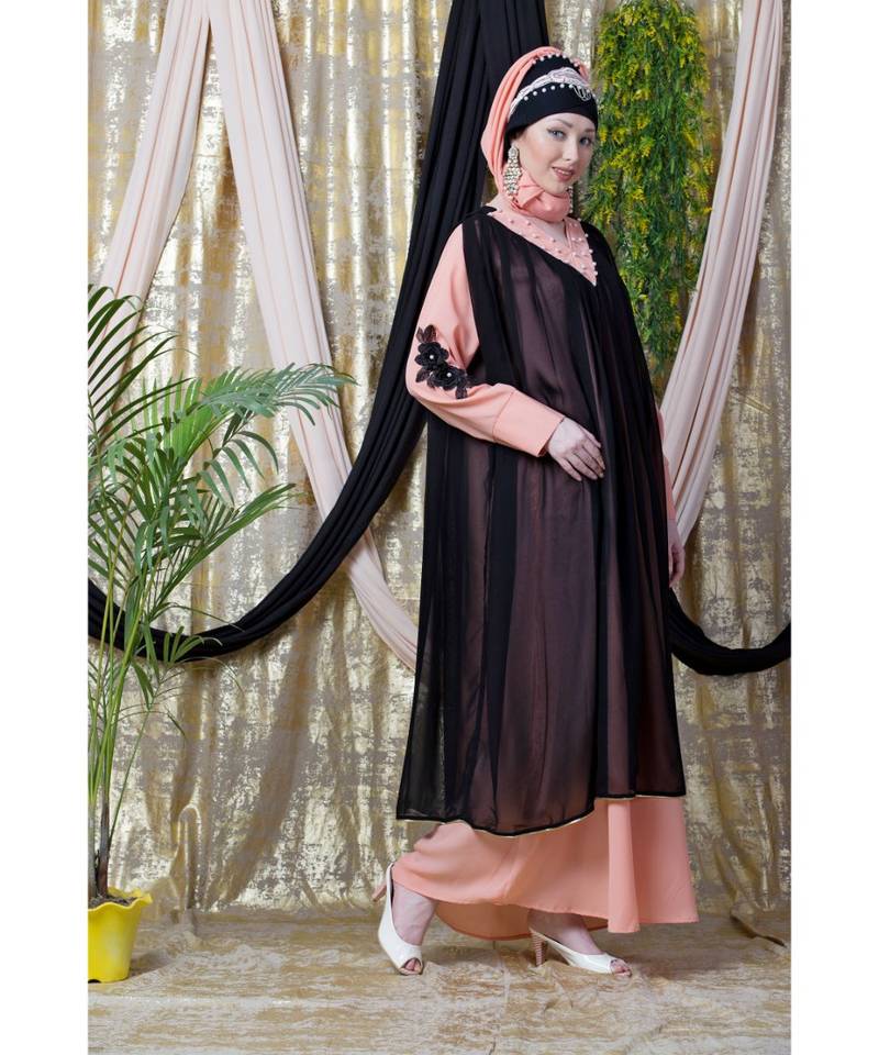 Peach Crepe Plain Layered Abaya Set