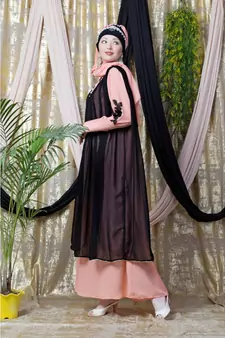 Peach Crepe Plain Layered Abaya Set