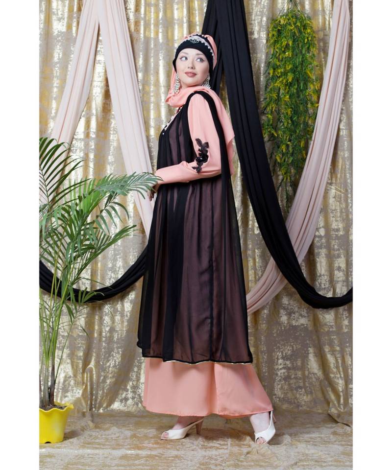 Peach Crepe Plain Layered Abaya Set