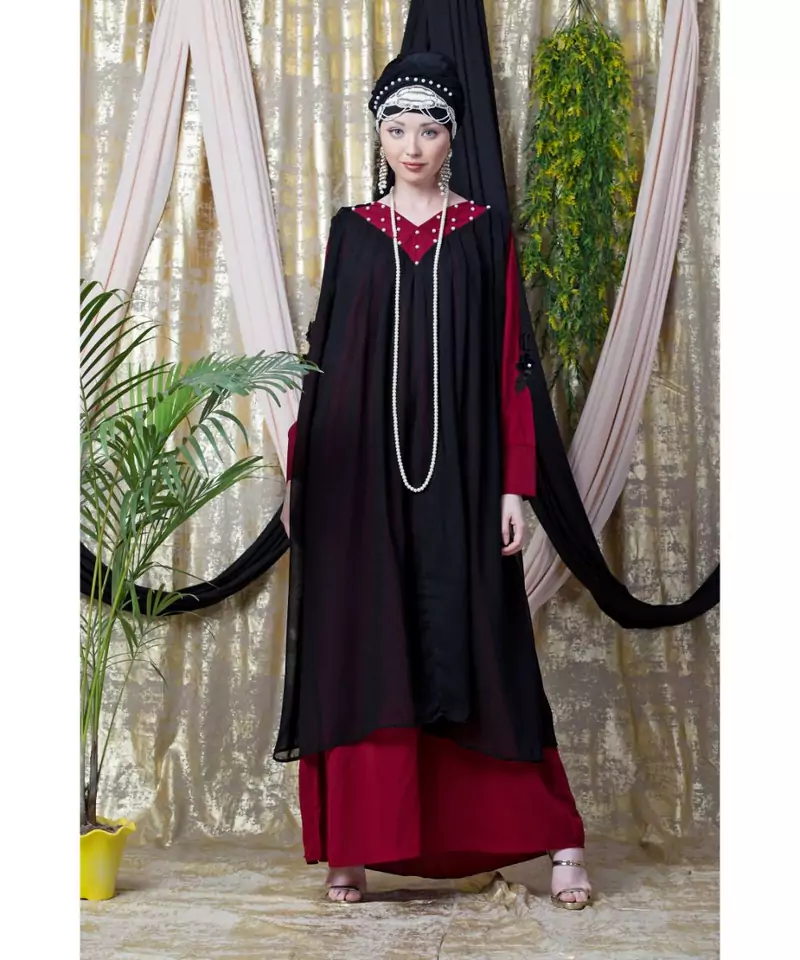 Maroon Nazneen Embroidered Neck Band Double Layer Party Abaya
