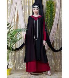 Maroon Nazneen Embroidered Neck Band Double Layer Party Abaya