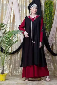 Maroon Nazneen Embroidered Neck Band Double Layer Party Abaya