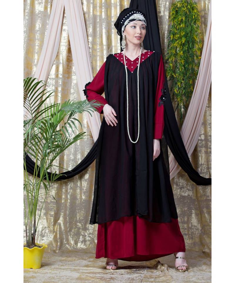 Maroon Nazneen Embroidered Neck Band Double Layer Party Abaya