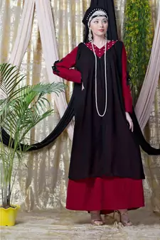 Maroon Nazneen Embroidered Neck Band Double Layer Party Abaya