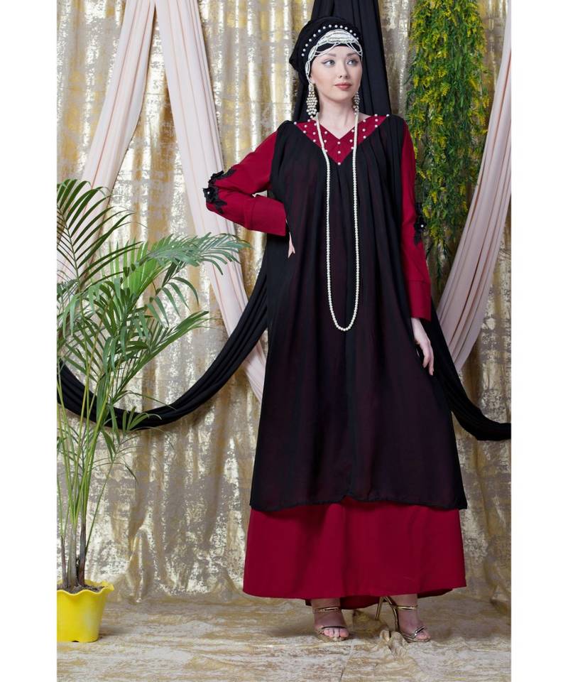 Maroon Nazneen Embroidered Neck Band Double Layer Party Abaya