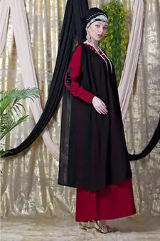 Maroon Nazneen Embroidered Neck Band Double Layer Party Abaya