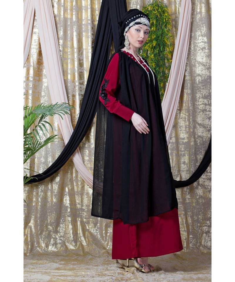 Maroon Nazneen Embroidered Neck Band Double Layer Party Abaya