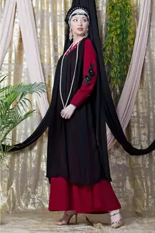 Maroon Nazneen Embroidered Neck Band Double Layer Party Abaya