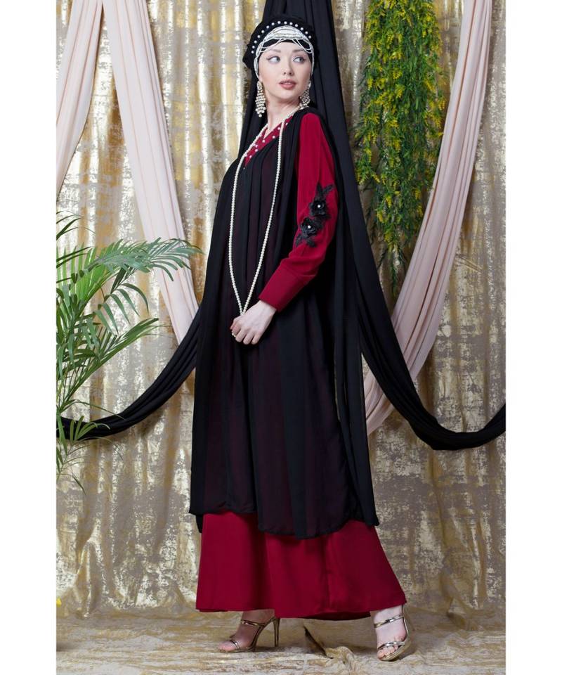 Maroon Nazneen Embroidered Neck Band Double Layer Party Abaya
