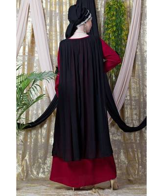 Maroon Nazneen Embroidered Neck Band Double Layer Party Abaya 6