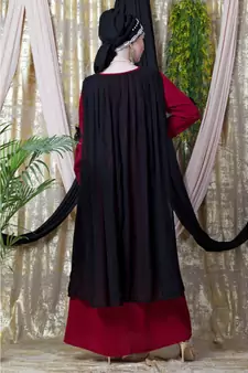 Maroon Nazneen Embroidered Neck Band Double Layer Party Abaya