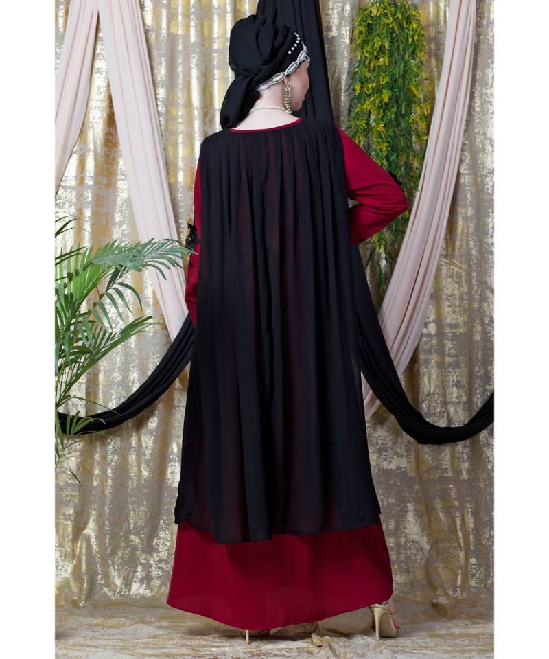 Maroon Nazneen Embroidered Neck Band Double Layer Party Abaya