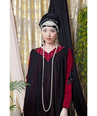 Maroon Nazneen Embroidered Neck Band Double Layer Party Abaya 7