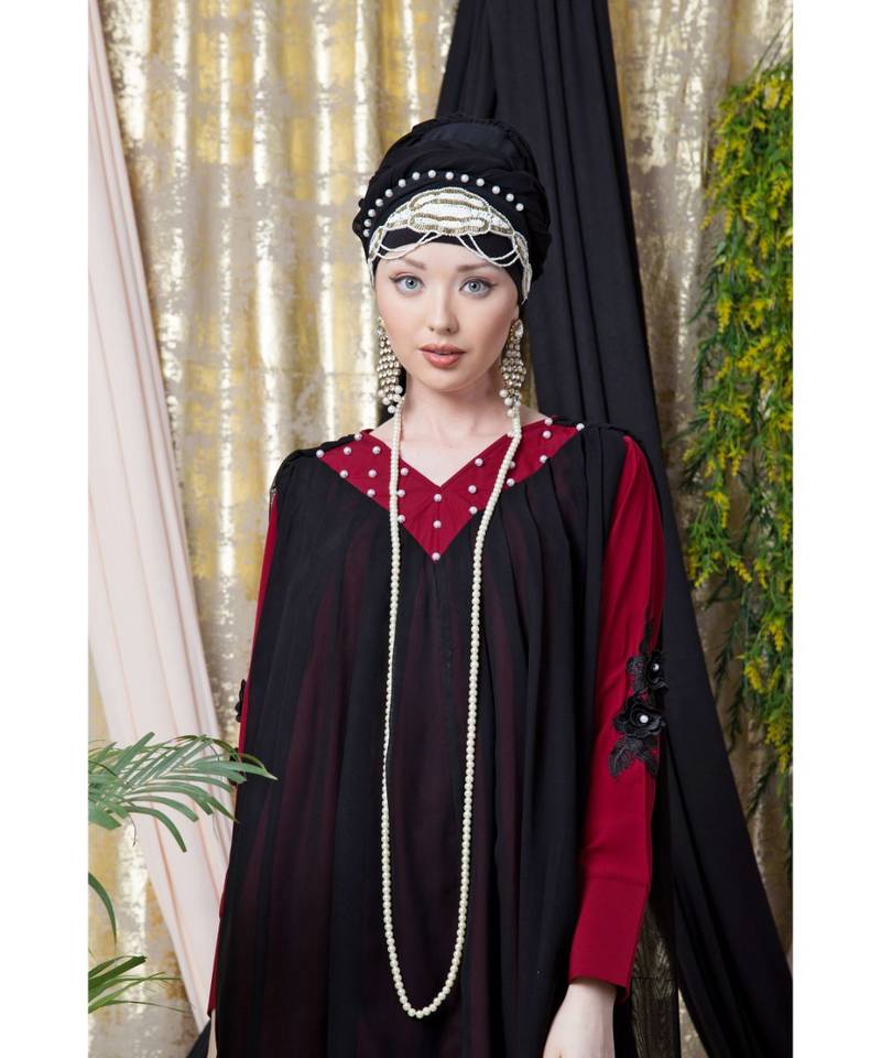 Maroon Nazneen Embroidered Neck Band Double Layer Party Abaya