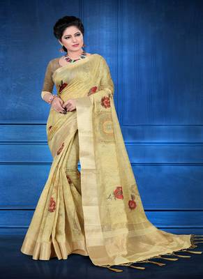 Light yellow printed jacquard saree with blouse 1
