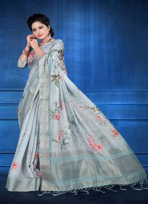 Blue printed jacquard saree with blouse 1