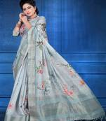 Blue printed jacquard saree with blouse