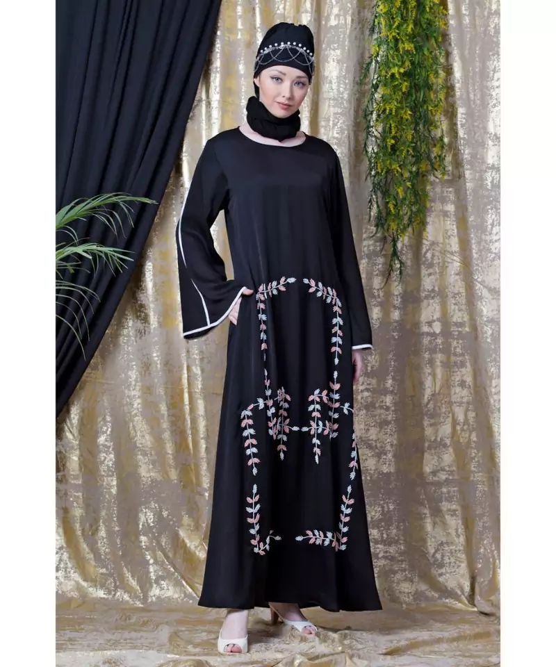 Black Nazneen Front Hand Embroidered Bell Sleeve Party Abaya