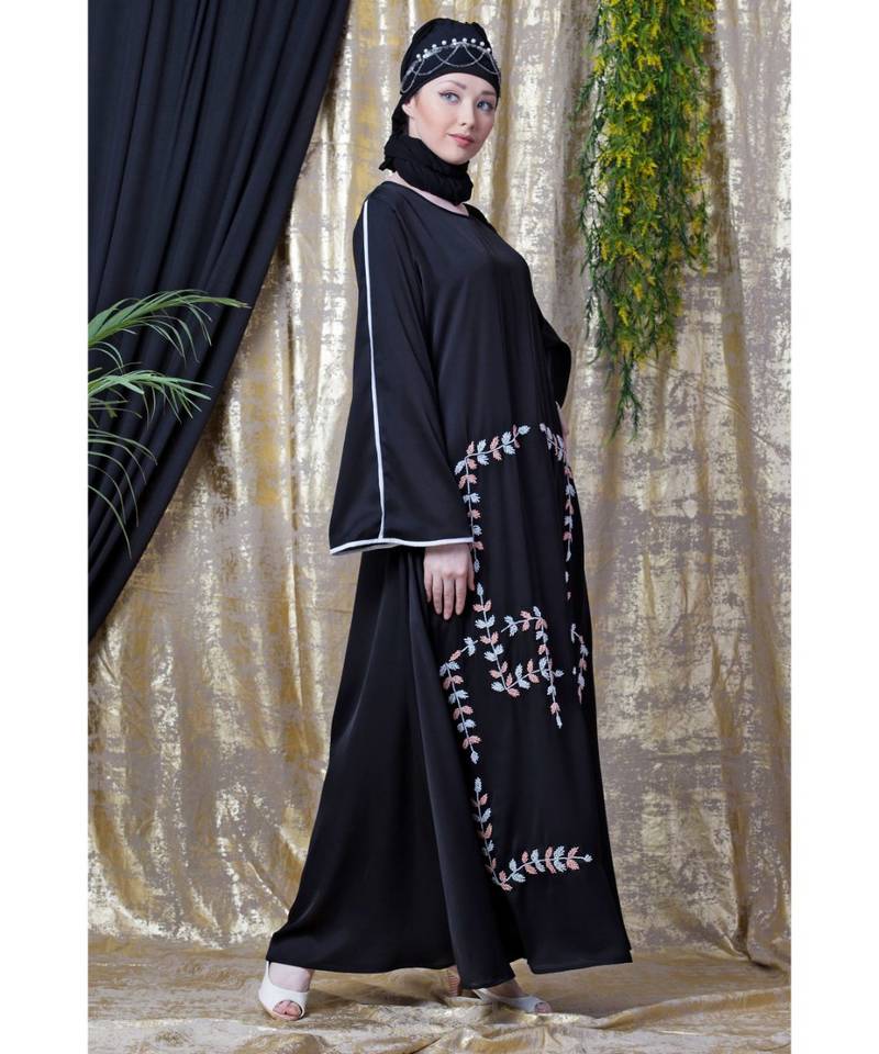 Black Nazneen Front Hand Embroidered Bell Sleeve Party Abaya
