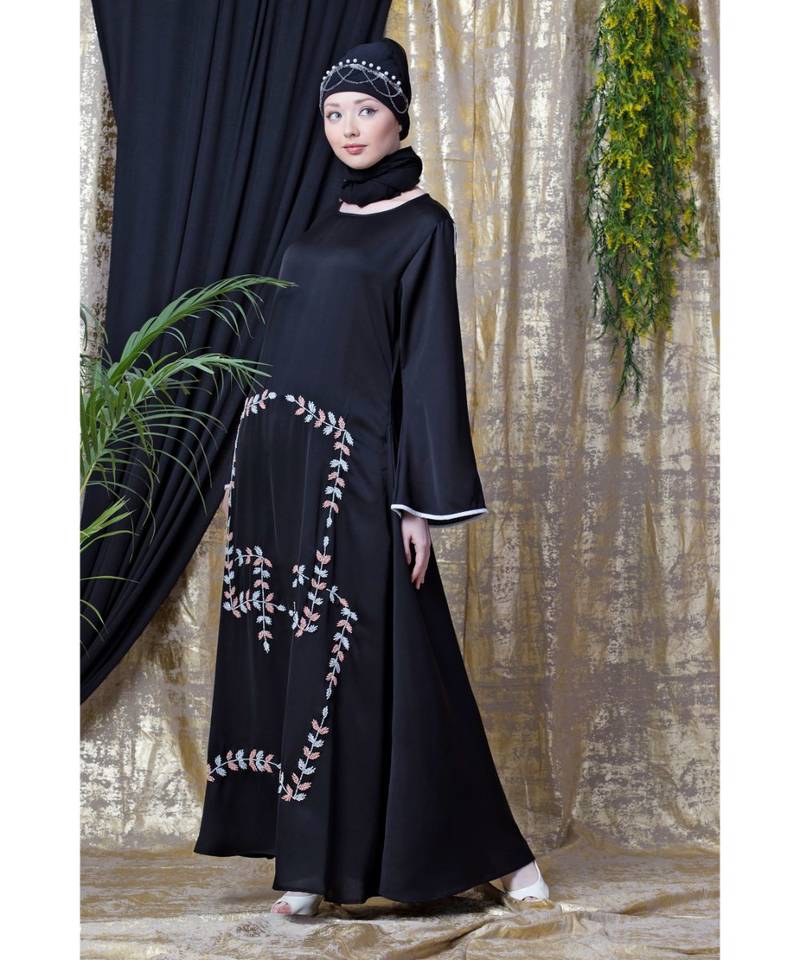 Black Nazneen Front Hand Embroidered Bell Sleeve Party Abaya