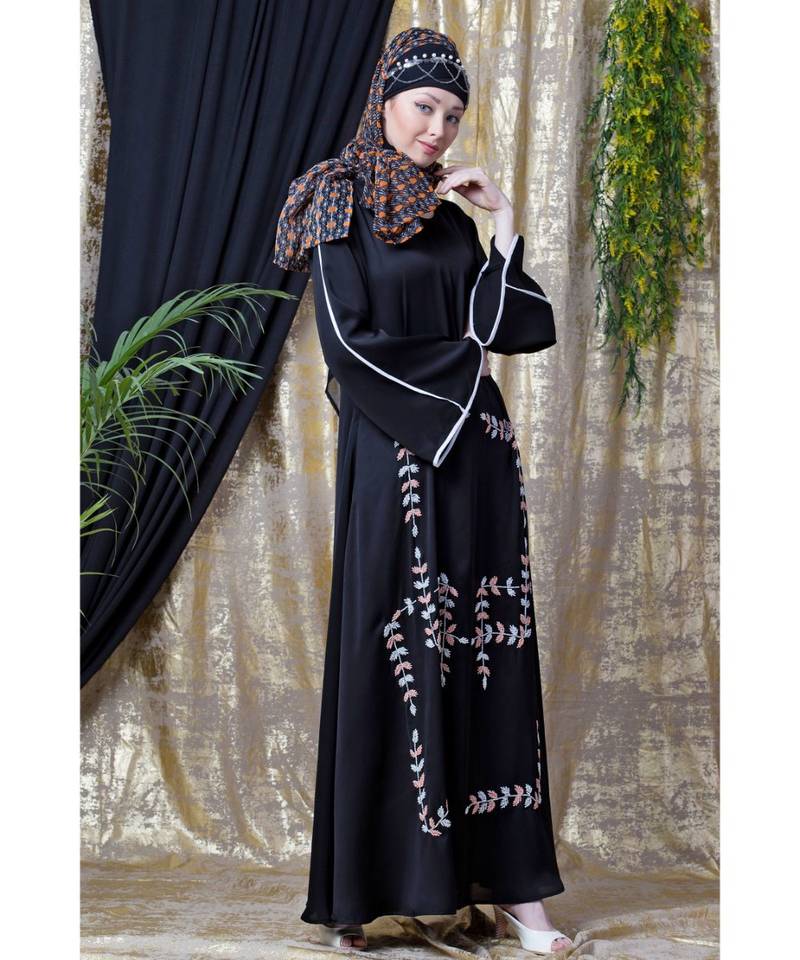 Black Nazneen Front Hand Embroidered Bell Sleeve Party Abaya