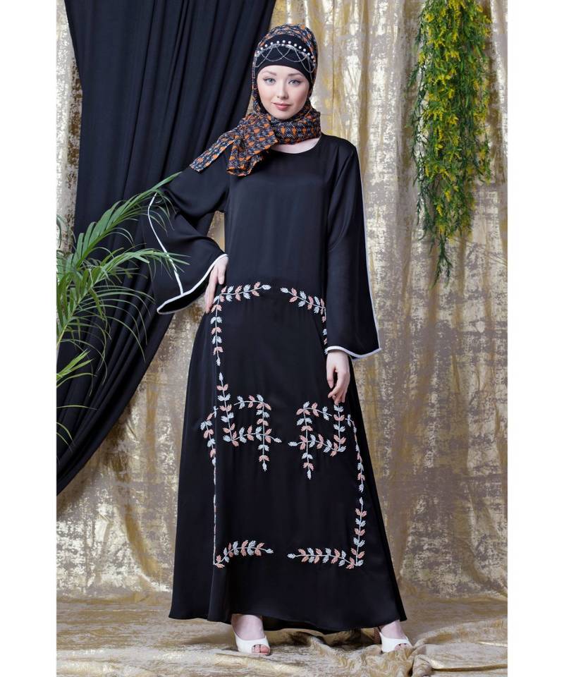 Black Nazneen Front Hand Embroidered Bell Sleeve Party Abaya