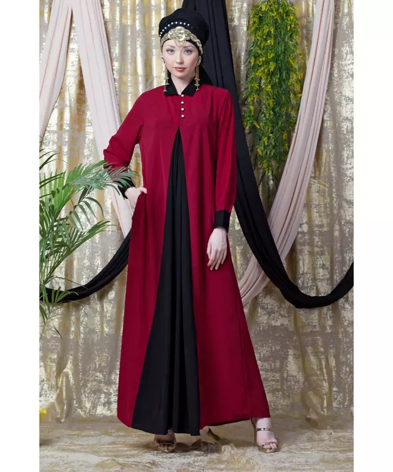 Maroon Nazneen Contrast Yoke Black/Peach  Casual Abaya