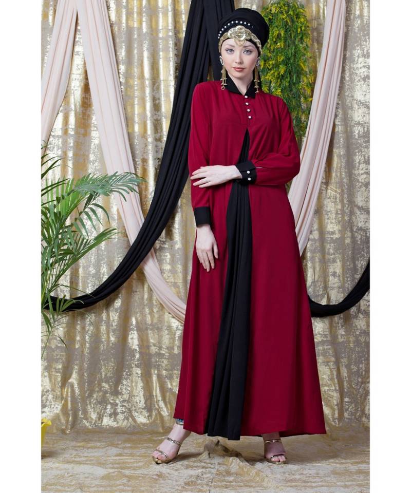 Maroon Nazneen Contrast Yoke Black/Peach  Casual Abaya