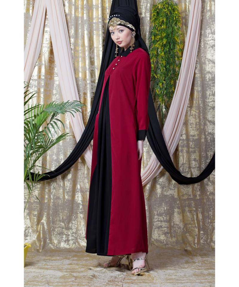 Maroon Nazneen Contrast Yoke Black/Peach  Casual Abaya