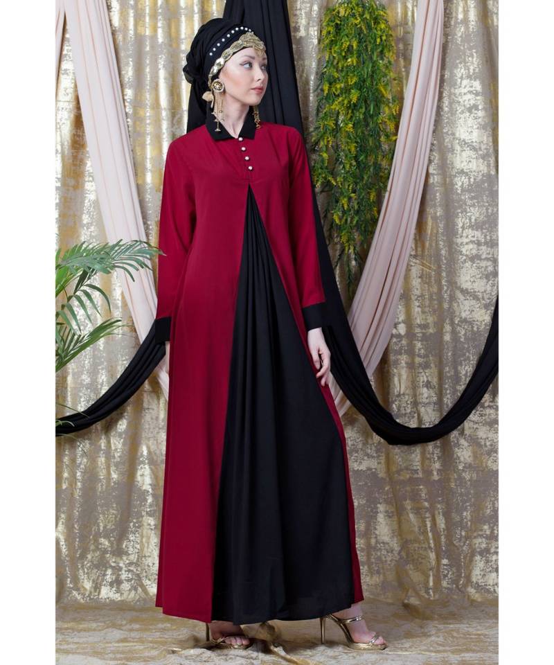 Maroon Nazneen Contrast Yoke Black/Peach  Casual Abaya