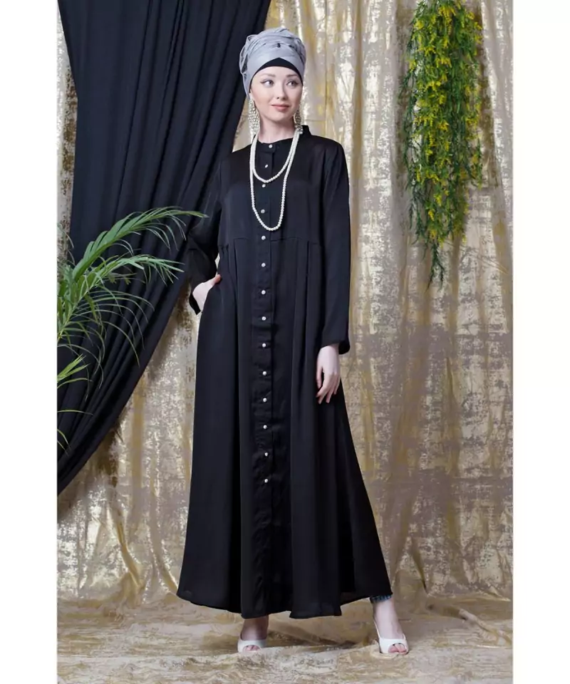 Black Nazneen Front Open With Pleats From Waist Casual Abaya