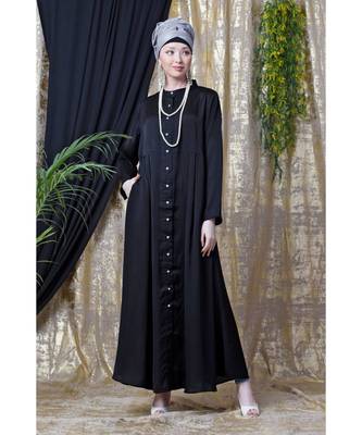 Black Nazneen Front Open With Pleats From Waist Casual Abaya 1