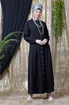 Black Nazneen Front Open With Pleats From Waist Casual Abaya