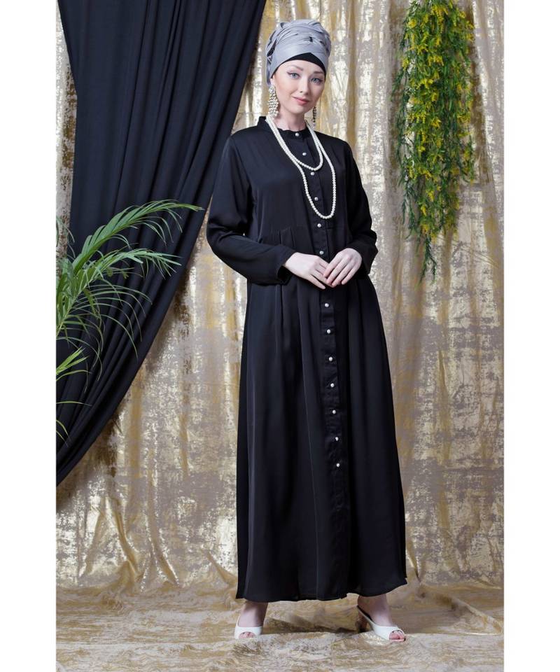 Black Nazneen Front Open With Pleats From Waist Casual Abaya