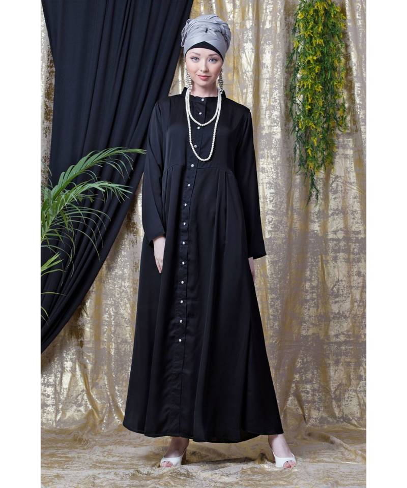 Black Nazneen Front Open With Pleats From Waist Casual Abaya