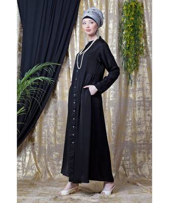 Black Nazneen Front Open With Pleats From Waist Casual Abaya 4
