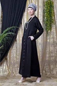 Black Nazneen Front Open With Pleats From Waist Casual Abaya