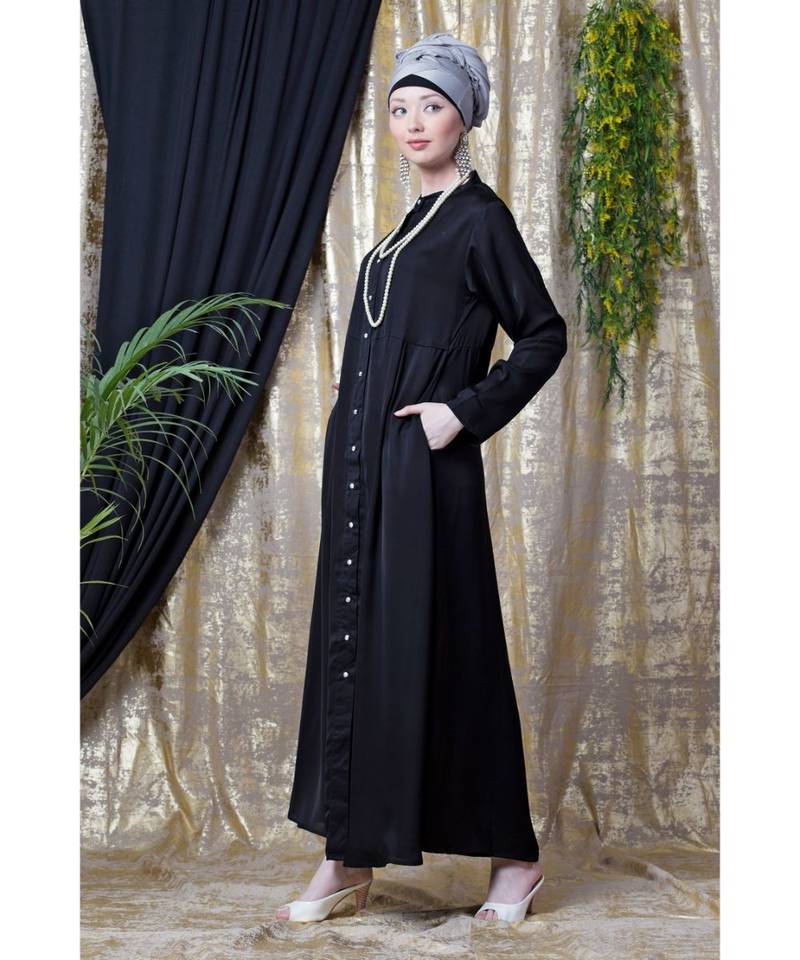 Black Nazneen Front Open With Pleats From Waist Casual Abaya