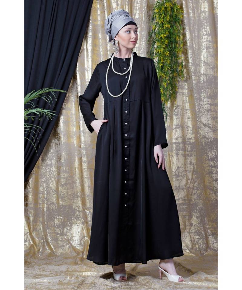 Black Nazneen Front Open With Pleats From Waist Casual Abaya