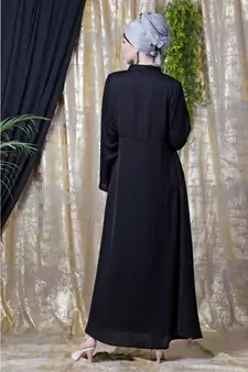Black Nazneen Front Open With Pleats From Waist Casual Abaya