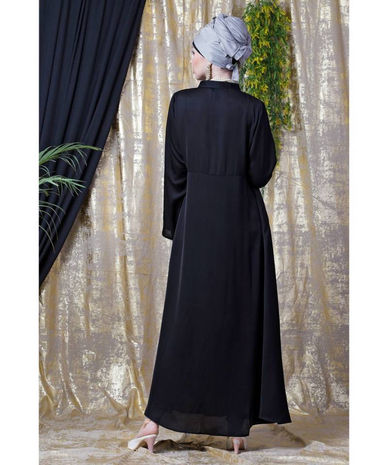 Black Nazneen Front Open With Pleats From Waist Casual Abaya